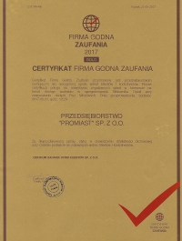 Certyfikat Firma godna zaufania 2017 - PROMIAST SP. Z O.O.