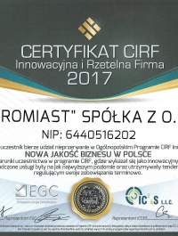 Certyfikat CIRF Innowacyjna i Rzetelna Firma 2017 - PROMIAST SP. Z O.O.